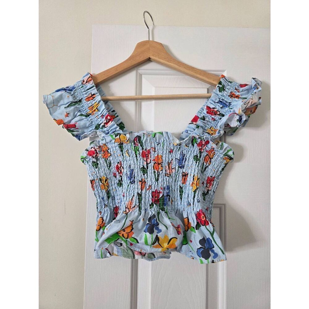 HILL HOUSE The Ellie Crop Top Light Blue Space Floral Size L - Picture 6 of 7